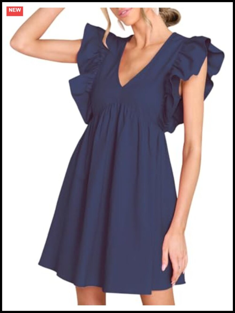 FANCYINN Summer Babydoll Mini Dress Ruffle Sleeveless Deep V Neck Pleated Swing